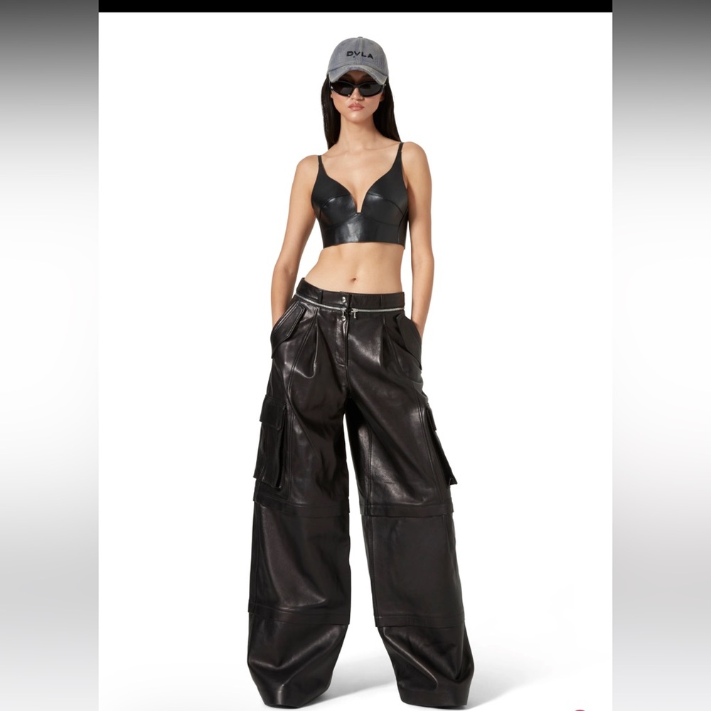 Albina Dyla Black Lamb Skin Leather Wide-Leg Cargo Pants